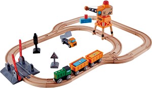 Товарен влак с кран и аксесоари HaPe - Дървен комплект за игра - играчка