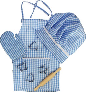 Детска готварска униформа - Комплект от престилка, шапка, точилка, ръкавица и формички за сладки - играчка