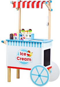 Количка за сладолед - Детски дървен комплект за игра с аксесоари - играчка
