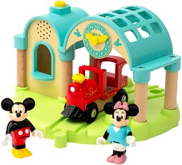 Дървено локомотивче със звукозаписваща ЖП гара - Детски комплект за игра с 2 фигурки и звукови ефекти : От серията "Brio: Влакчета" - играчка
