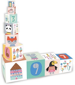 Кула от кубчета - Животни и числа - Дървен образователен комплект за игра - играчка
