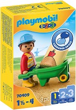 Фигурка на строител с количка Playmobil - От серията 1.2.3 - фигура
