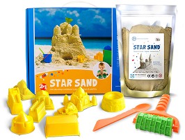 Кинетичен пясък - Разфасовка от 1 kg в комплект с формички и аксесоари - играчка