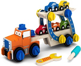 Дървен конструктор - Автовоз с колички - играчка