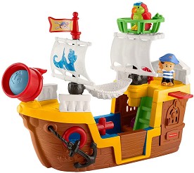 Интерактивна играчка Fisher Price - Пиратски кораб - С 2 фигурки и аксесоари от серията Little People - играчка