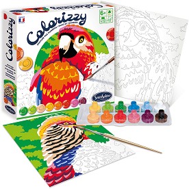 Оцветявай по номера Sentosphere - Папагали - Творчески комплект с акрилни бои от серията "Aquarellum" - играчка